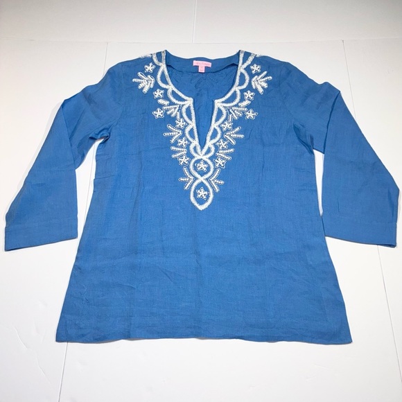 Lilly Pulitzer Amelia Island Blue Linen Tunic Medium Top Beaded Resort - Picture 7 of 11